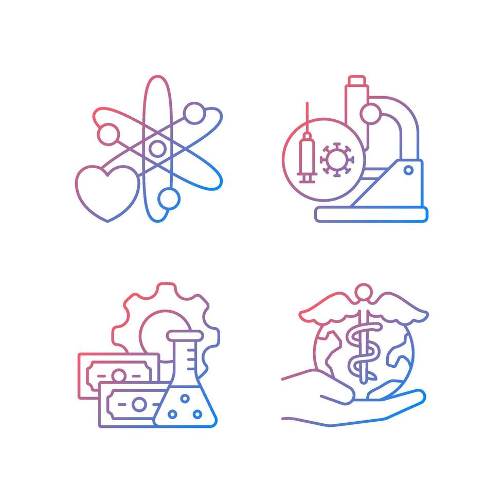 ensemble d'icônes vectorielles linéaires de gradient de développement de médecine. intérêt pour les sciences. tester les vaccins. perspectives d'avenir. ensemble de symboles de contour de ligne mince. collection d'illustrations de contour isolé vecteur