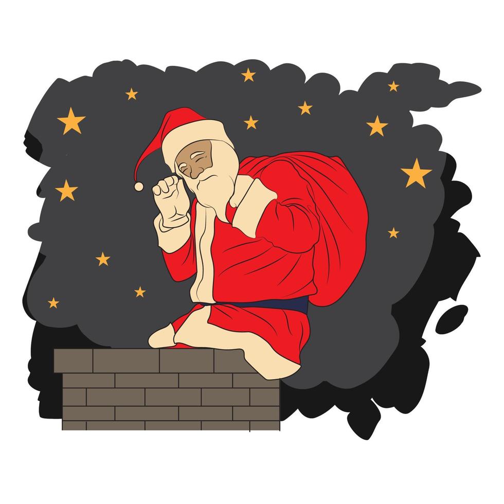 Père Noël assis sur la cheminée avec sac de cadeaux vecteur