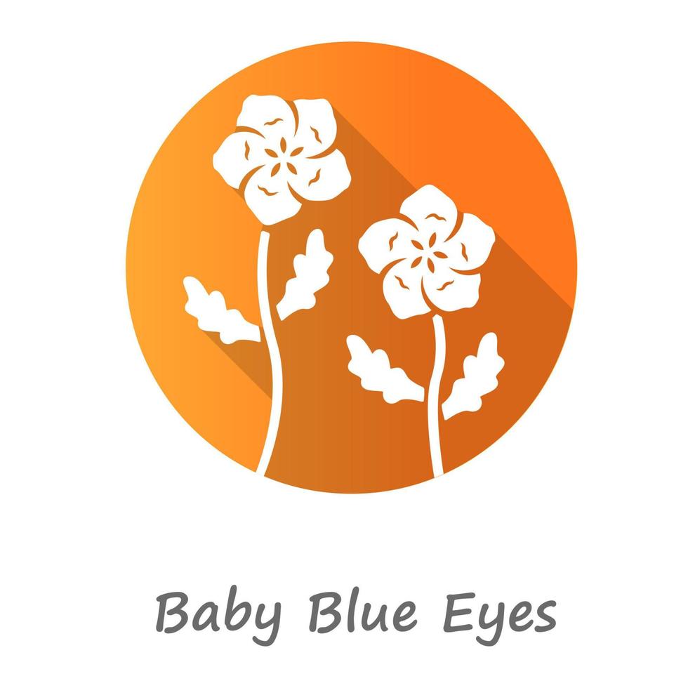 icône de glyphe d'ombre longue design plat orange yeux bleu bébé. fleur épanouie en lin avec inscription de nom. plante de jardin nemophila menziesii. lin bleu. fleur de fleurs sauvages. illustration vectorielle silhouette vecteur