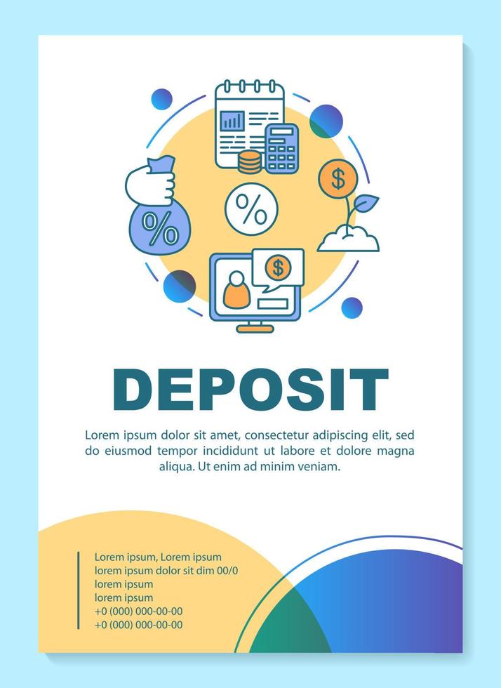 mise en page du modèle d'affiche de dépôt. gestion de l'épargne et des comptes bancaires. bannière, livret, conception d'impression de dépliant avec des icônes linéaires. mises en page de brochures vectorielles pour magazines, dépliants publicitaires vecteur