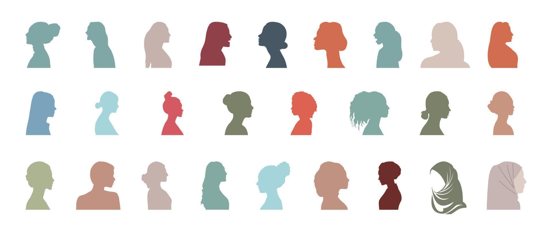 silhouette de groupe de femme. avatar de vecteur, icône de profil, silhouette de tête. vecteur