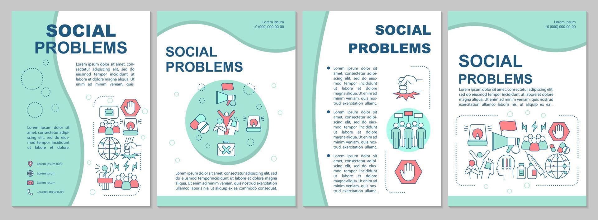 mise en page du modèle de brochure sur les problèmes sociaux. comportements antisociaux, conflits. flyer, brochure, conception d'impression de dépliant avec des illustrations linéaires. mises en page vectorielles pour magazines, rapports, affiches publicitaires vecteur