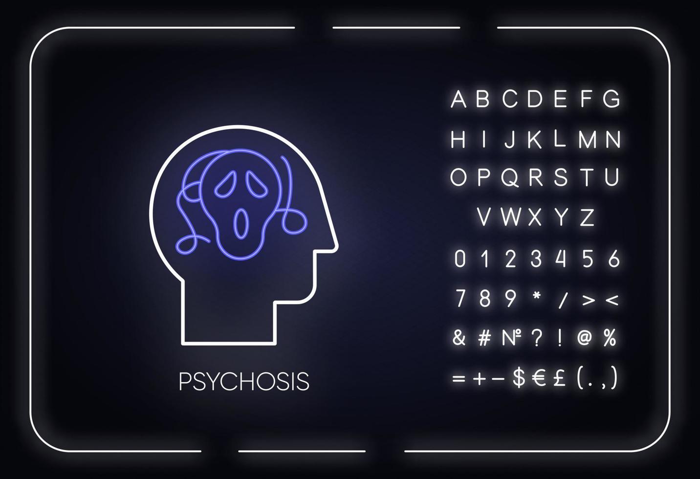 icône de néon de psychose. personne paranoïaque et effrayée. phobie et anxiété. schizophrénie. désordre mental. signe lumineux avec alphabet, chiffres et symboles. illustration vectorielle isolée vecteur