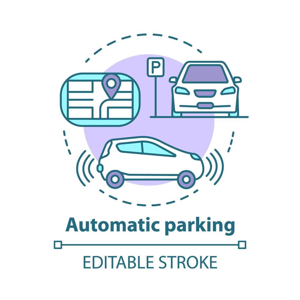 icône de concept de stationnement automatique. navigation automobile sans conducteur. système intelligent de manœuvre de voiture. illustration de la ligne mince de l'idée de fonction de conduite autonome. dessin de contour isolé de vecteur. trait modifiable vecteur