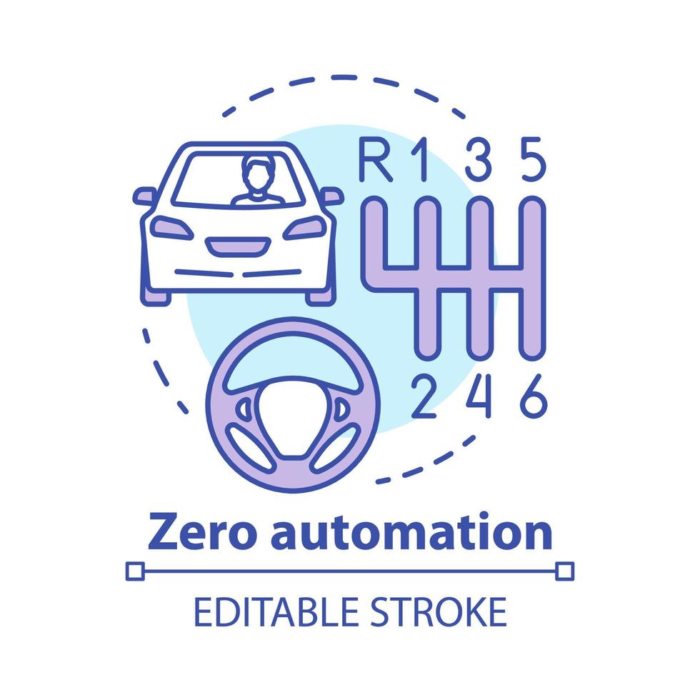 icône de concept d'automatisation zéro. voiture avec transmission manuelle. véhicule, boîte de vitesses, volant. illustration de la ligne mince de l'idée de l'école de conduite. dessin de contour isolé de vecteur. trait modifiable vecteur