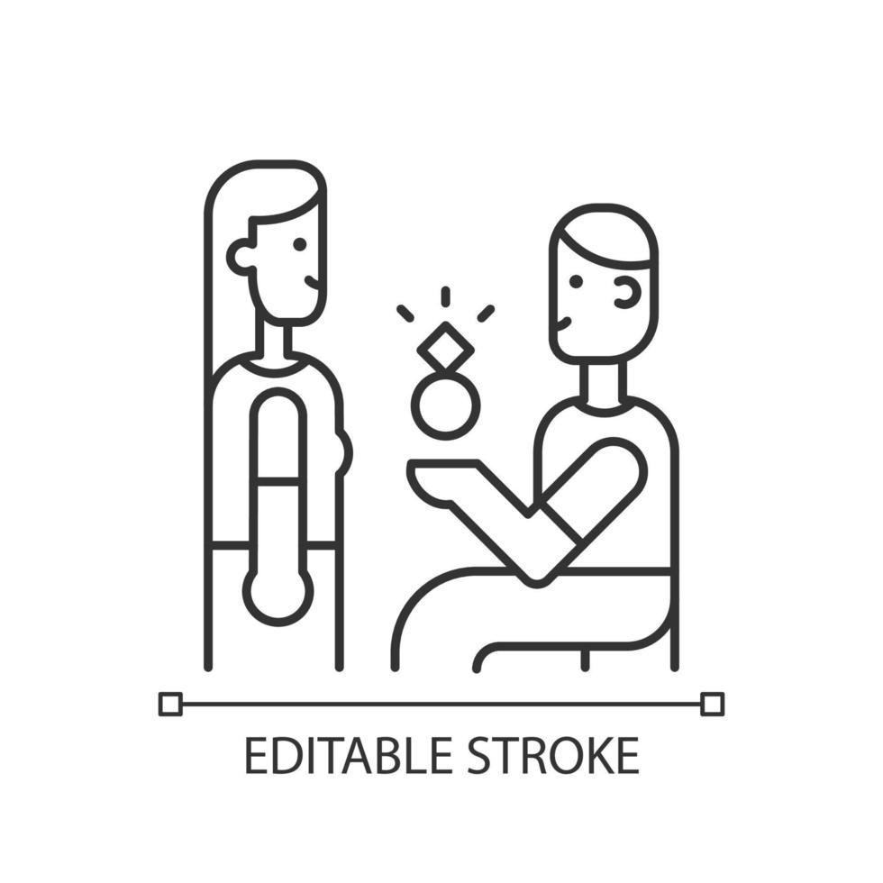 faire une icône linéaire de proposition. fiançailles amoureuses. veux-tu m'épouser. une proposition de genou. illustration personnalisable en ligne mince. symbole de contour. dessin de contour isolé de vecteur. trait modifiable vecteur