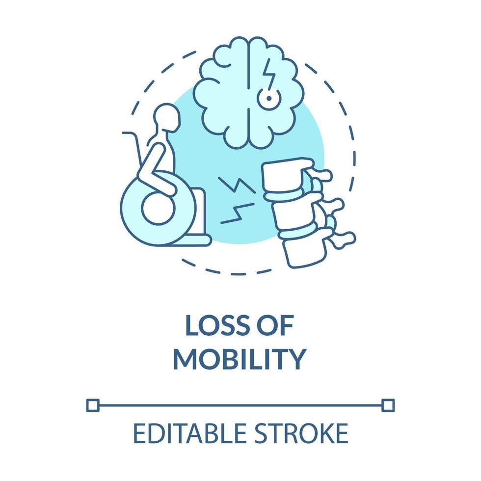 icône de concept bleu de perte de mobilité. personne handicapée. problème neurologique. illustration de la ligne mince de l'idée abstraite de physiothérapie. dessin de couleur de contour isolé de vecteur. trait modifiable vecteur