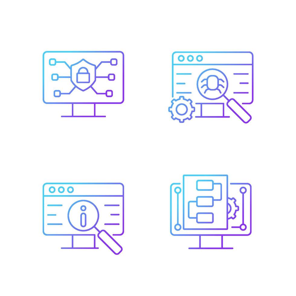 utilisation de l'ensemble d'icônes vectorielles linéaires à gradient de technologies numériques. rester en sécurité en ligne. tests logiciels. la promotion du produit. ensemble de symboles de contour de ligne mince. collection d'illustrations de contour isolé vecteur