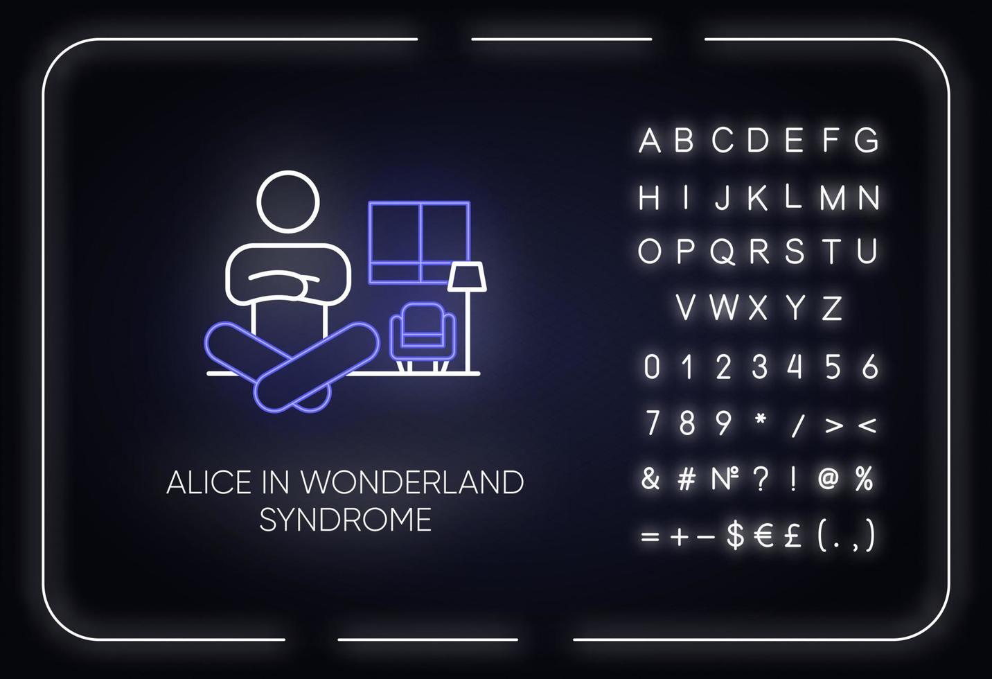 icône de néon du syndrome d'alice au pays des merveilles. perception visuelle. distorsion de taille. dysmétropie. désordre mental. signe lumineux avec alphabet, chiffres et symboles. illustration vectorielle isolée vecteur