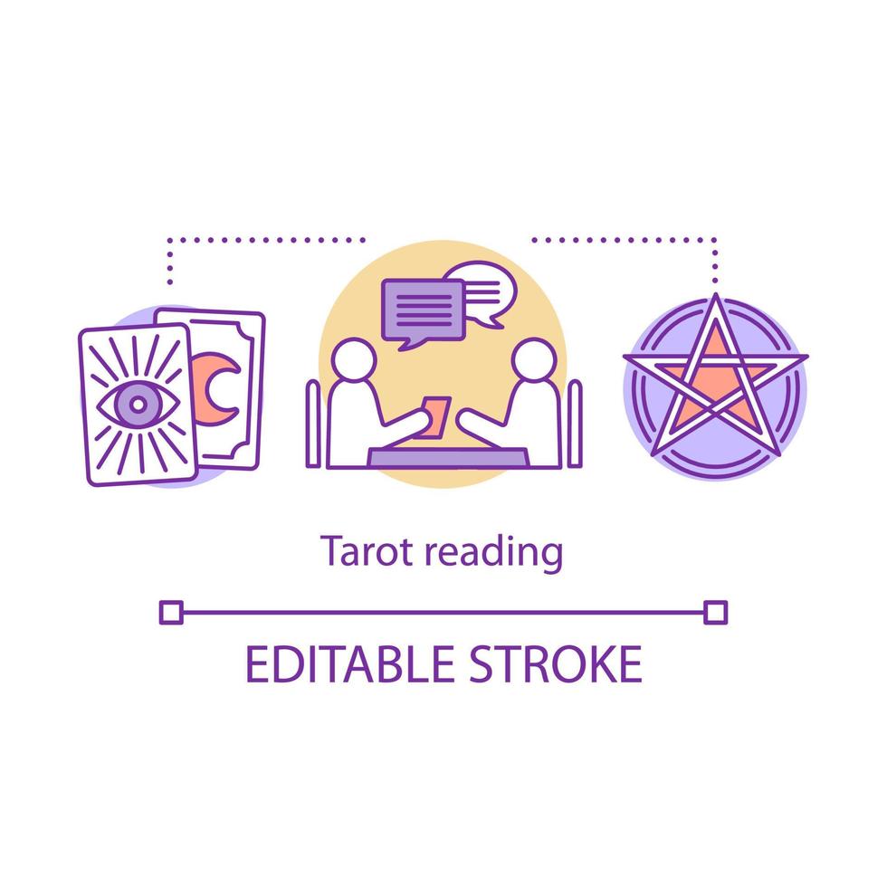 icône de concept de lecture de tarot. illustration de la voyance, de la divination et de la cartomancie idée fine ligne. oracle avec le client, le pentagramme et les cartes de clairvoyant vecteur de dessin de contour isolé. trait modifiable