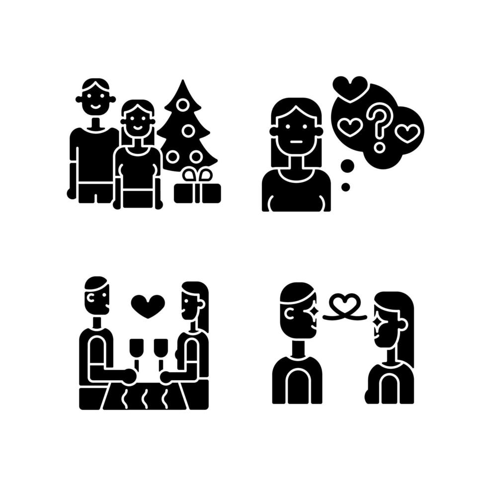 couple amoureux icônes de glyphe noir définies sur l'espace blanc. le coup de foudre. passer des vacances ensemble. phase de doute de la relation. symboles de silhouettes. illustration vectorielle isolée vecteur