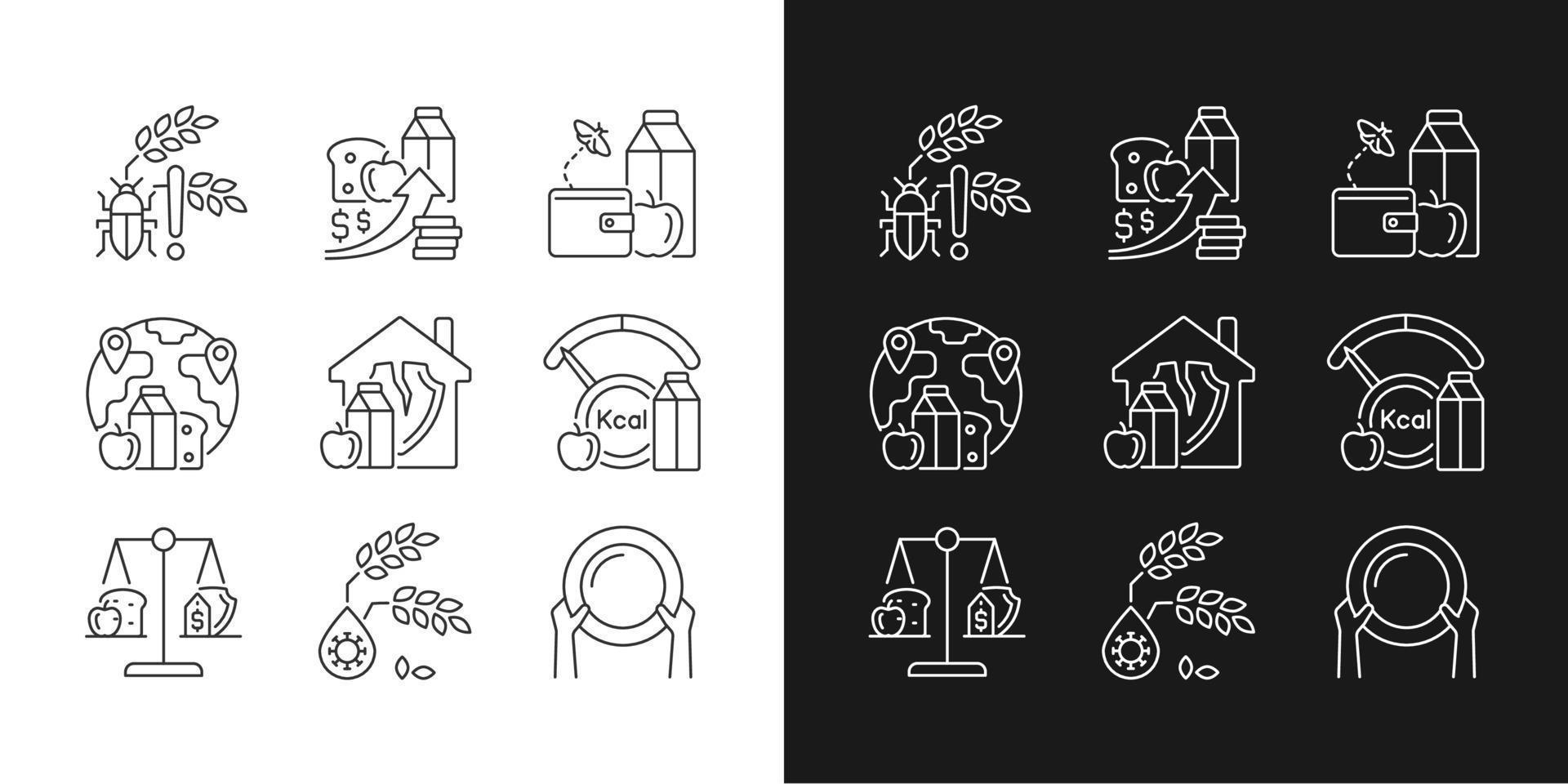 les icônes linéaires des raisons de la faim sont définies pour le mode sombre et clair. ravageurs et danger de perte de récolte. pauvreté et famine. symboles de lignes fines personnalisables. illustrations vectorielles isolées. trait modifiable vecteur