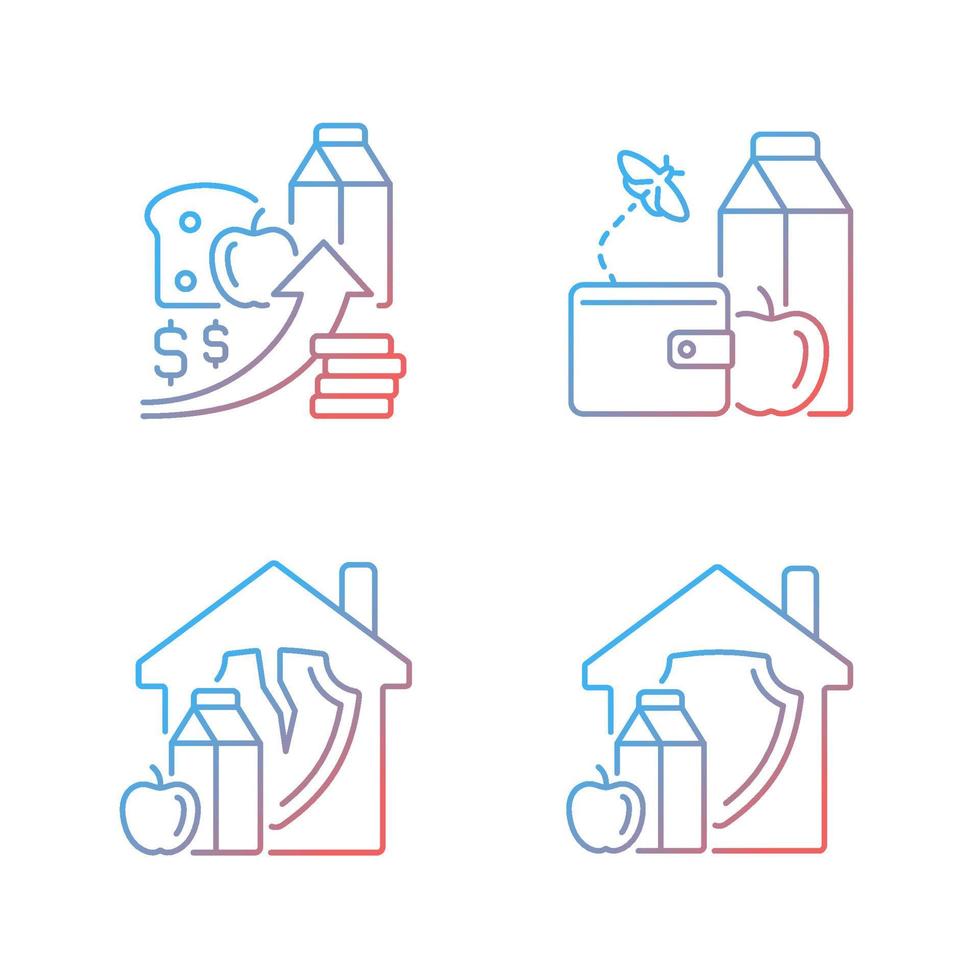 ensemble d'icônes vectorielles linéaires à gradient de pauvreté et de faim. augmentation des prix. l'insécurité alimentaire. sécurité nutritionnelle des ménages. ensemble de symboles de contour de ligne mince. collection d'illustrations de contour isolé vecteur