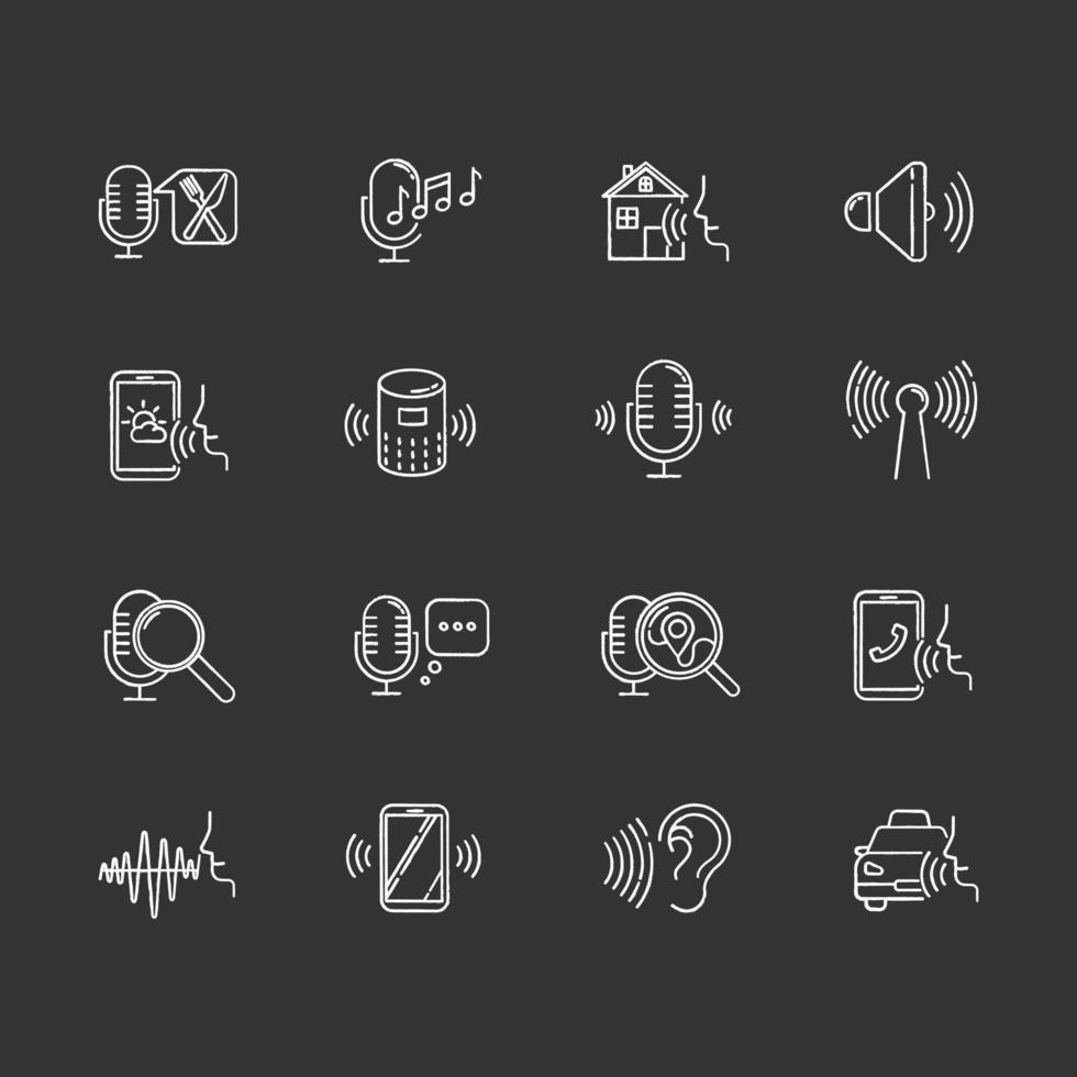 ensemble d'icônes de craie de commande vocale. bonne idée de demande. processus de reconnaissance vocale. microphone utilisant des modes, équipement d'enregistrement. applications télécommandées. illustrations de tableau de vecteur isolé