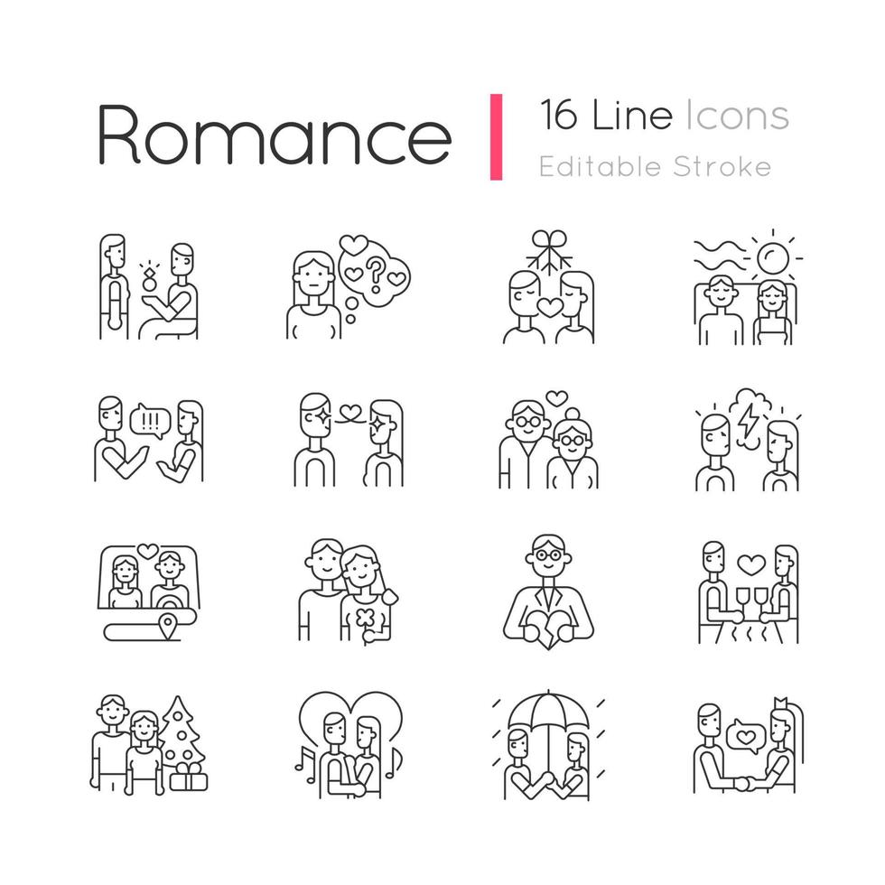 ensemble d'icônes linéaires romantiques. amour romantique. partenaires passent du temps ensemble. temps de qualité en couple. symboles de contour de ligne fine personnalisables. illustrations vectorielles isolées. trait modifiable vecteur