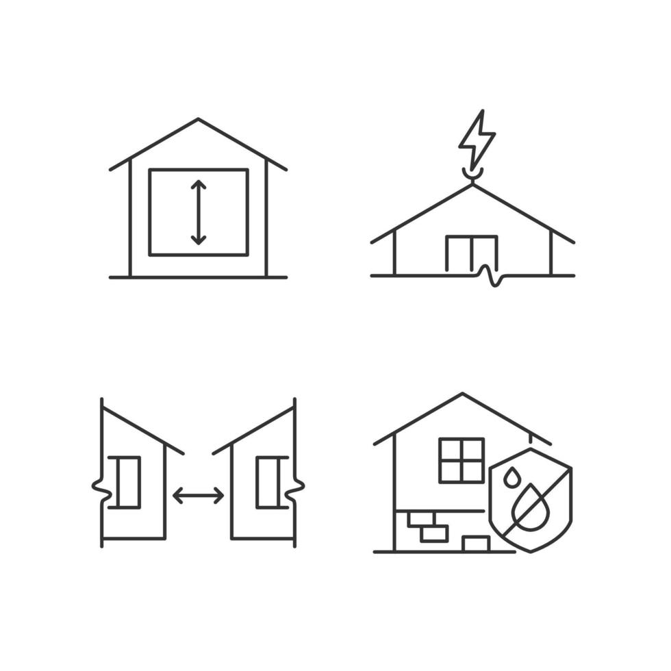 construction d'un ensemble d'icônes linéaires de maison sécurisée. hauteurs de plafond minimales. paratonnerre. imperméabilité à l'humidité. symboles de contour de ligne fine personnalisables. illustrations vectorielles isolées. trait modifiable vecteur