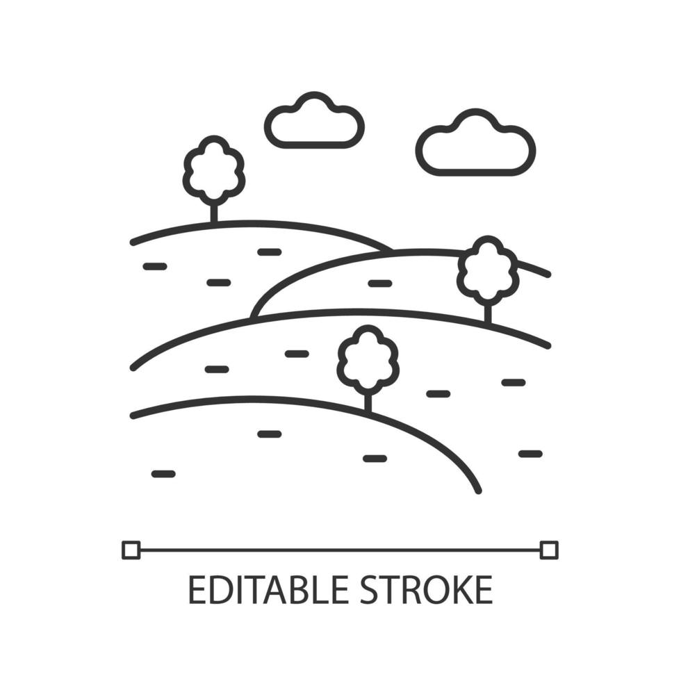 icône linéaire de collines. élévation naturelle. formation terrestre élevée au-dessus de la surface. moyenne montagne. illustration personnalisable en ligne mince. symbole de contour. dessin de contour isolé de vecteur. trait modifiable vecteur