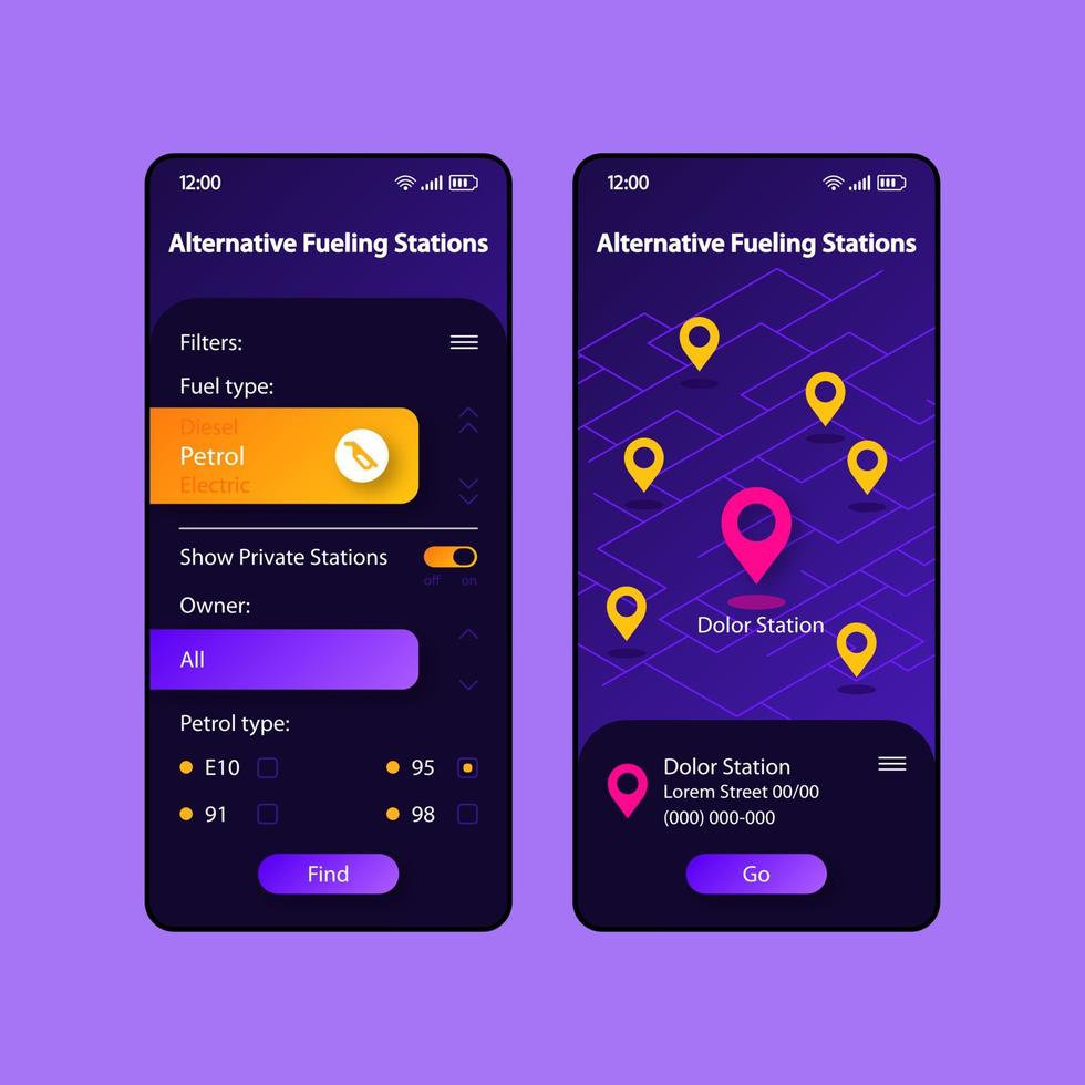 ensemble de modèles vectoriels d'interface de smartphone de stations de ravitaillement alternatives. page d'application mobile mise en page de conception bleu foncé et noir. écran de la carte de la station-service. interface utilisateur plate pour l'application. navigateur. affichage du téléphone vecteur