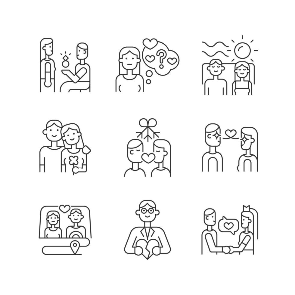 ensemble d'icônes linéaires de relation amoureuse. jeunes conseils de vie de famille. développement relationnel. couples amoureux. symboles de contour de ligne fine personnalisables. illustrations vectorielles isolées. trait modifiable vecteur