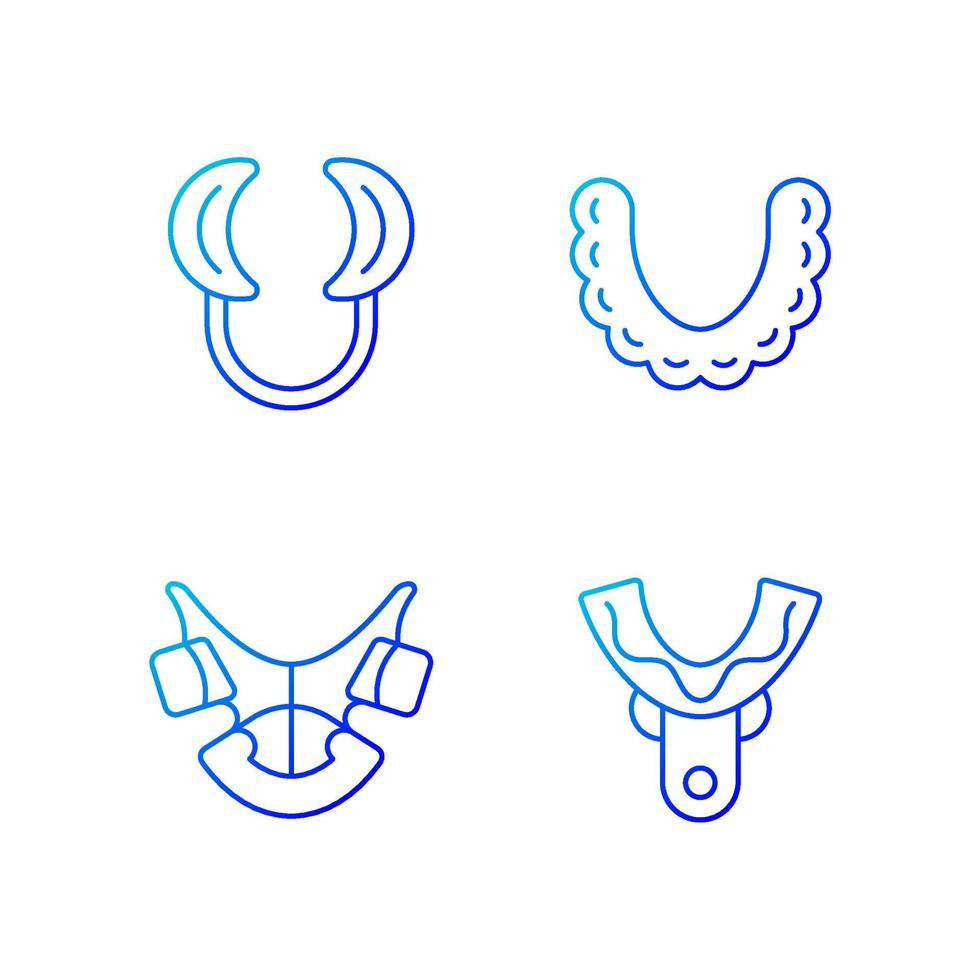 ensemble d'icônes vectorielles linéaires de gradient d'appareils orthodontiques. dispositif de réalignement des dents. écarteur de joue. porte-empreinte. ensemble de symboles de contour de ligne mince. collection d'illustrations de contour isolé vecteur