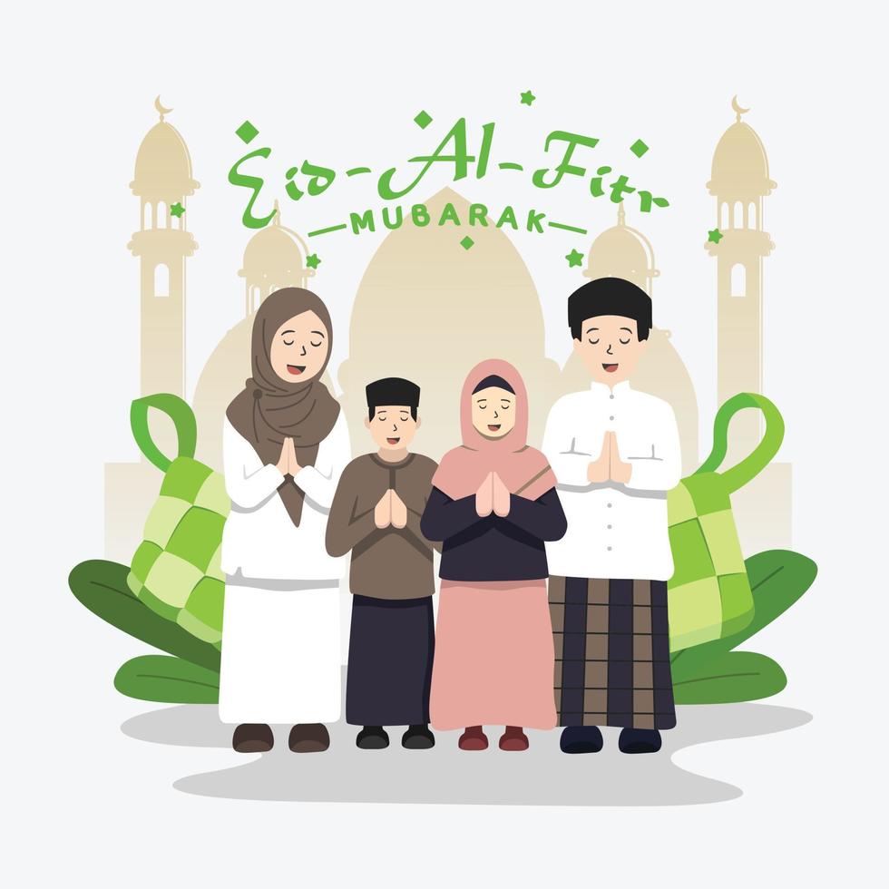 famille musulmane heureuse célébrant ensemble l'aïd, carte de voeux vecteur