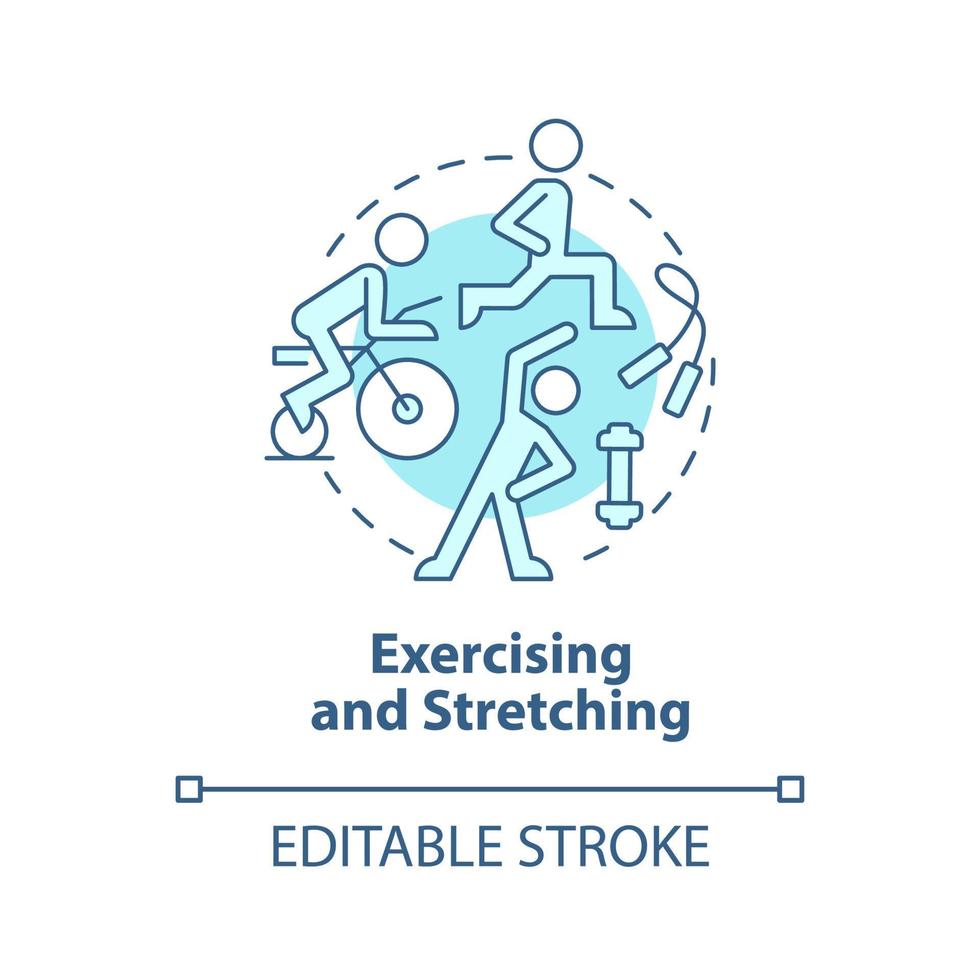 icône de concept bleu d'exercice et d'étirement. s'entraîner pour la réadaptation physique. illustration de la ligne mince de l'idée abstraite de physiothérapie. dessin de couleur de contour isolé de vecteur. trait modifiable vecteur