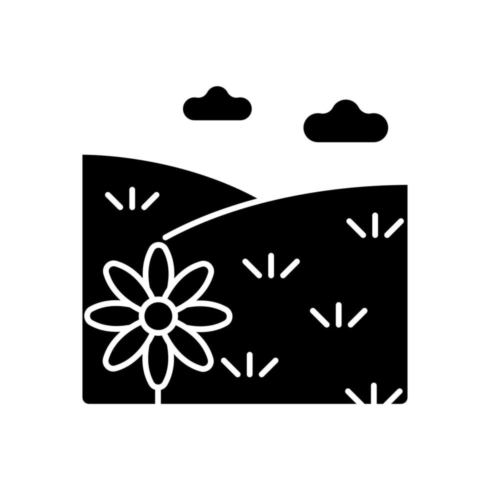 icône de glyphe noir de prairie. terrain découvert couvert d'herbe. champ avec des fleurs. prairies et pâturages. terrain plat végétalisé herbacé. symbole de silhouette sur un espace blanc. illustration vectorielle isolée vecteur