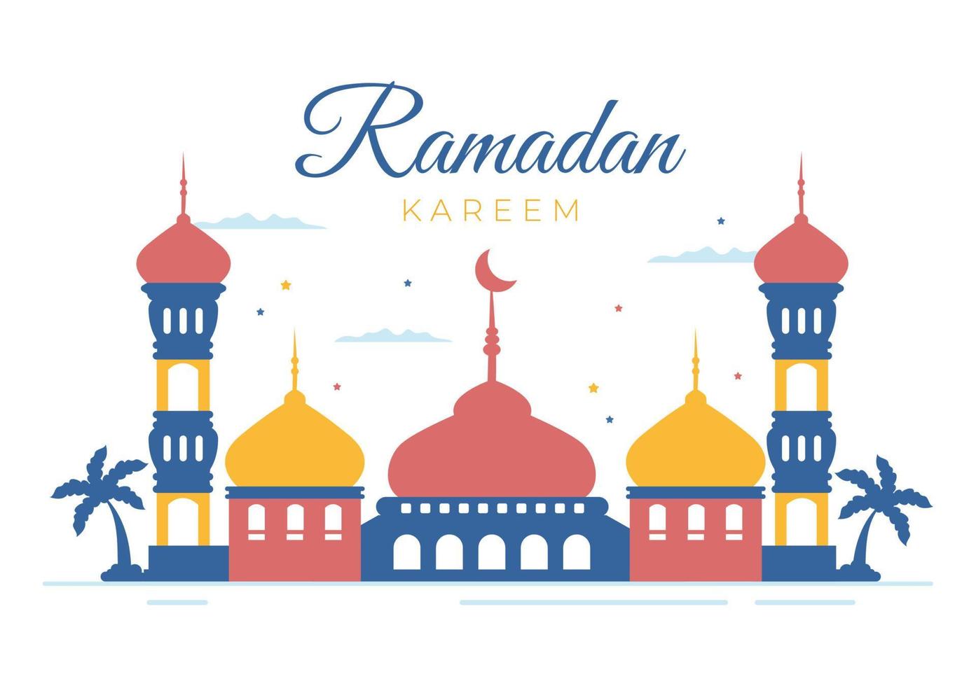 ramadan kareem avec mosquée, lanternes et lune en illustration vectorielle de fond plat pour la fête religieuse islamique eid fitr ou bannière ou affiche du festival adha vecteur