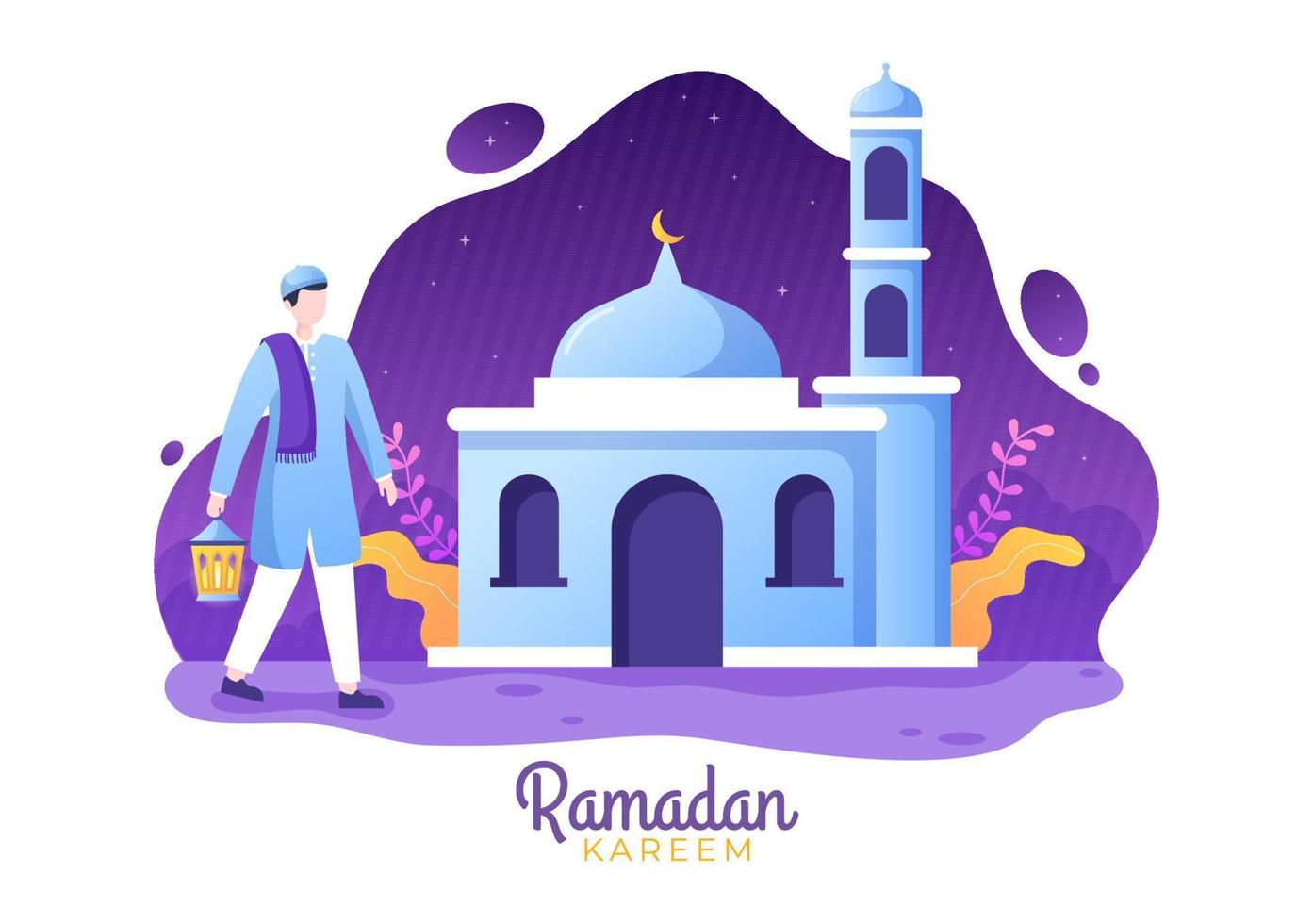 ramadan kareem avec les gens, la mosquée, les lanternes et la lune en illustration vectorielle de fond plat pour la bannière ou l'affiche du festival islamique eid fitr ou adha vecteur