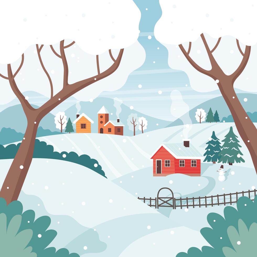 paysage d'hiver avec arbres, champs, maisons. paysage de campagne saisonnier. illustration vectorielle dans un style plat vecteur