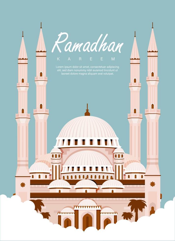 illustration vectorielle de ramadan kareem avec mosquée à quatre piliers en arrière-plan vecteur