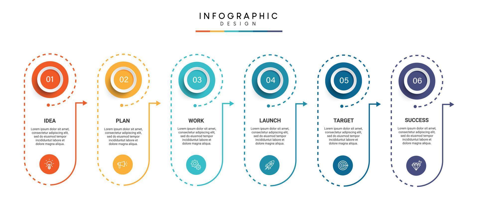 étapes de conception de modèle d'infographie de processus de chronologie d'entreprise avec des icônes vecteur