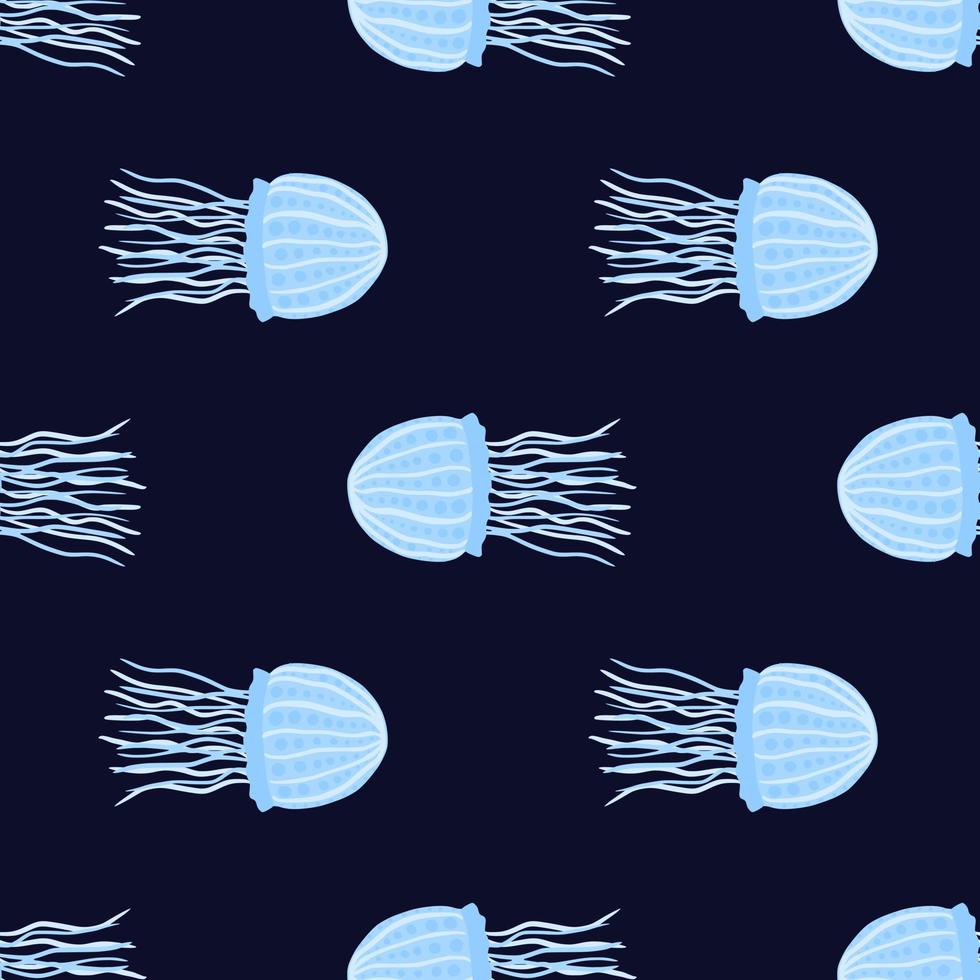 motif de doodle sans couture marine avec des éléments de méduses. imprimé aqua dans les tons bleus sur fond bleu marine foncé. vecteur