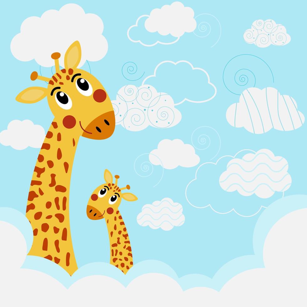mère et bébé girafes au-dessus des nuages vecteur