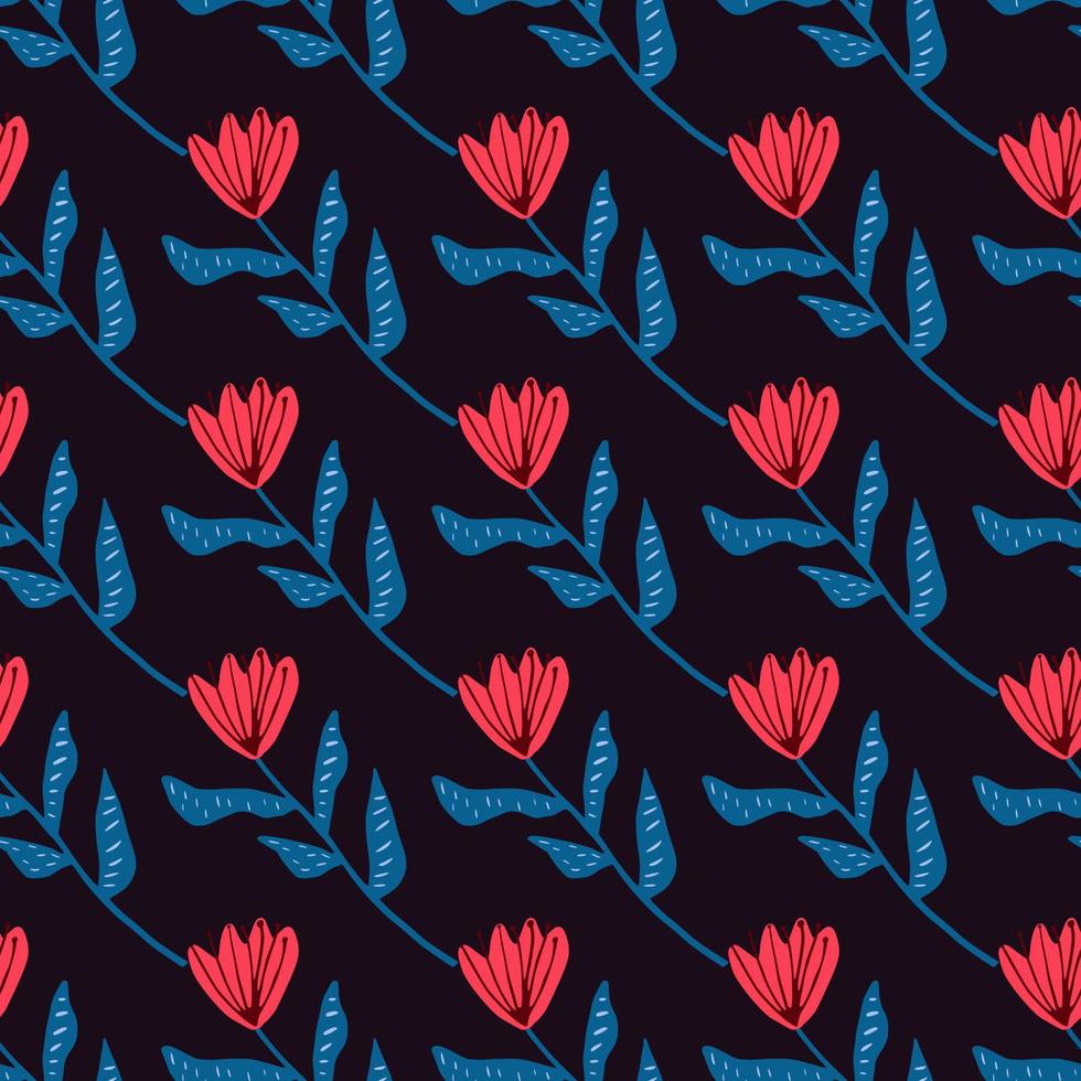 motif de fleurs botaniques sans couture à contraste sombre. tulipes rouges avec des tiges bleues sur fond noir. vecteur