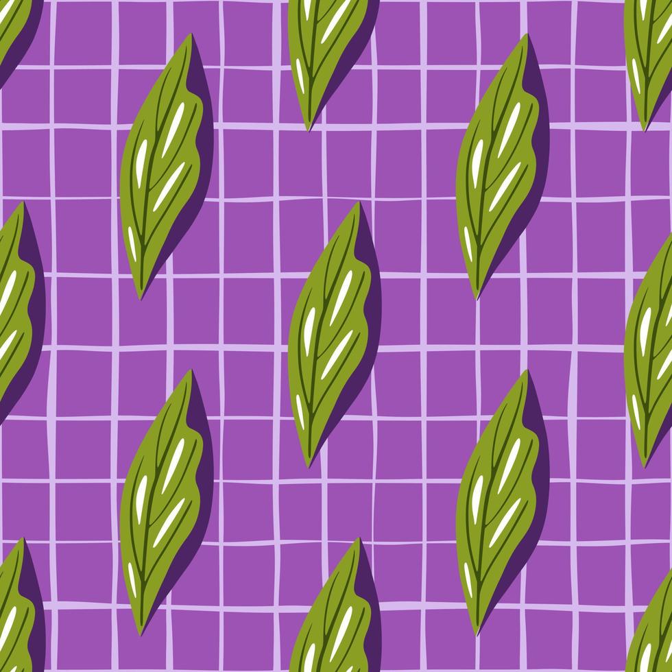 modèle sans couture de contraste lumineux avec ornement d'éléments de feuille verte. backgorund à carreaux violets. vecteur