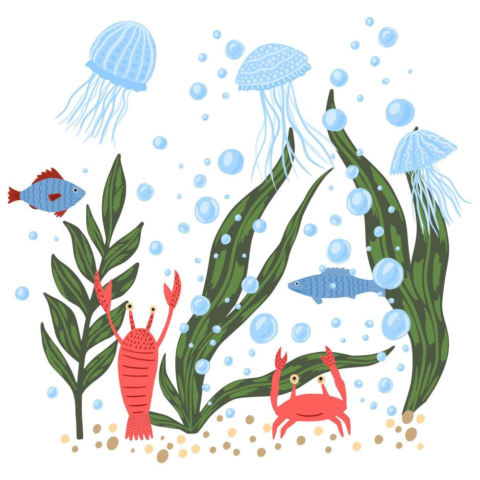 composition faune marine sur fond blanc. dessin animé mignon méduse, poisson, crabe écrevisse, bulle et algues en doodle. vecteur