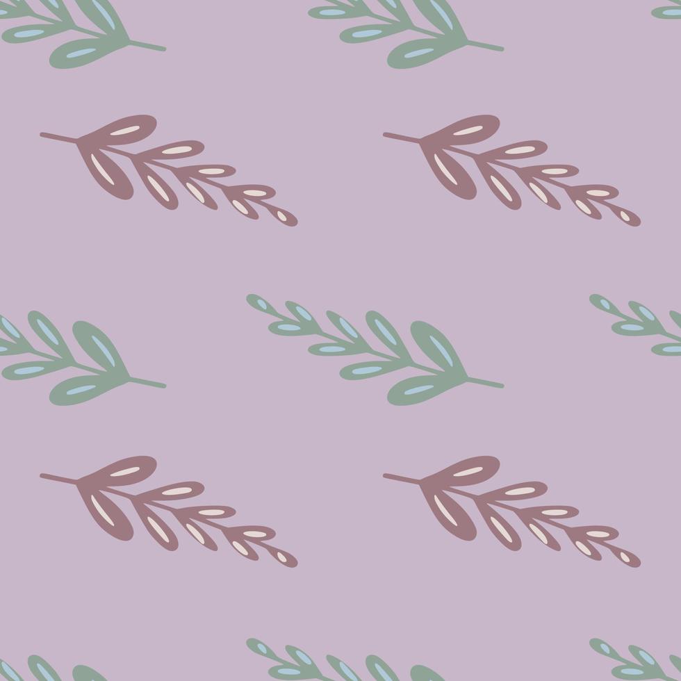 modèle sans couture de printemps avec des formes de branches de feuilles simples doodle. fond lilas. toile de fond de la nature botanique. vecteur