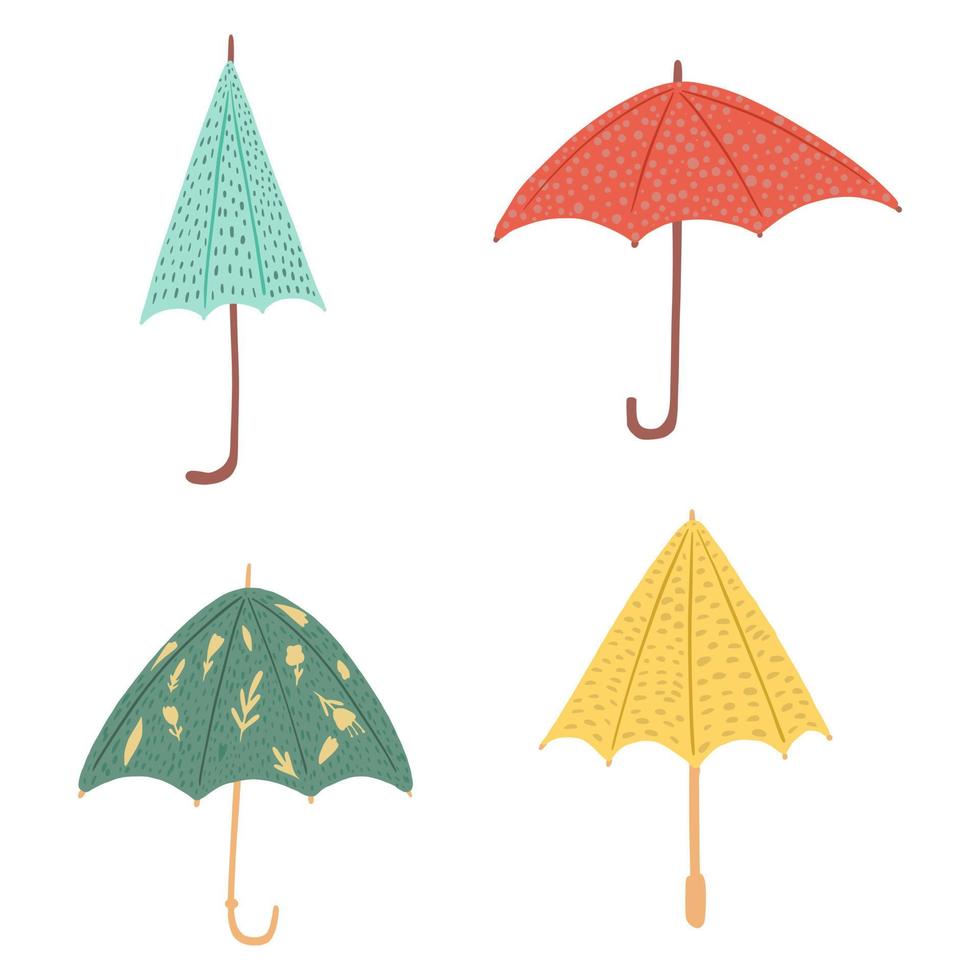 définir différentes formes de parapluies sur fond blanc. parapluies abstraits de couleur rouge, bleue, jaune et verte avec des fleurs et des pois dans le style doodle. vecteur