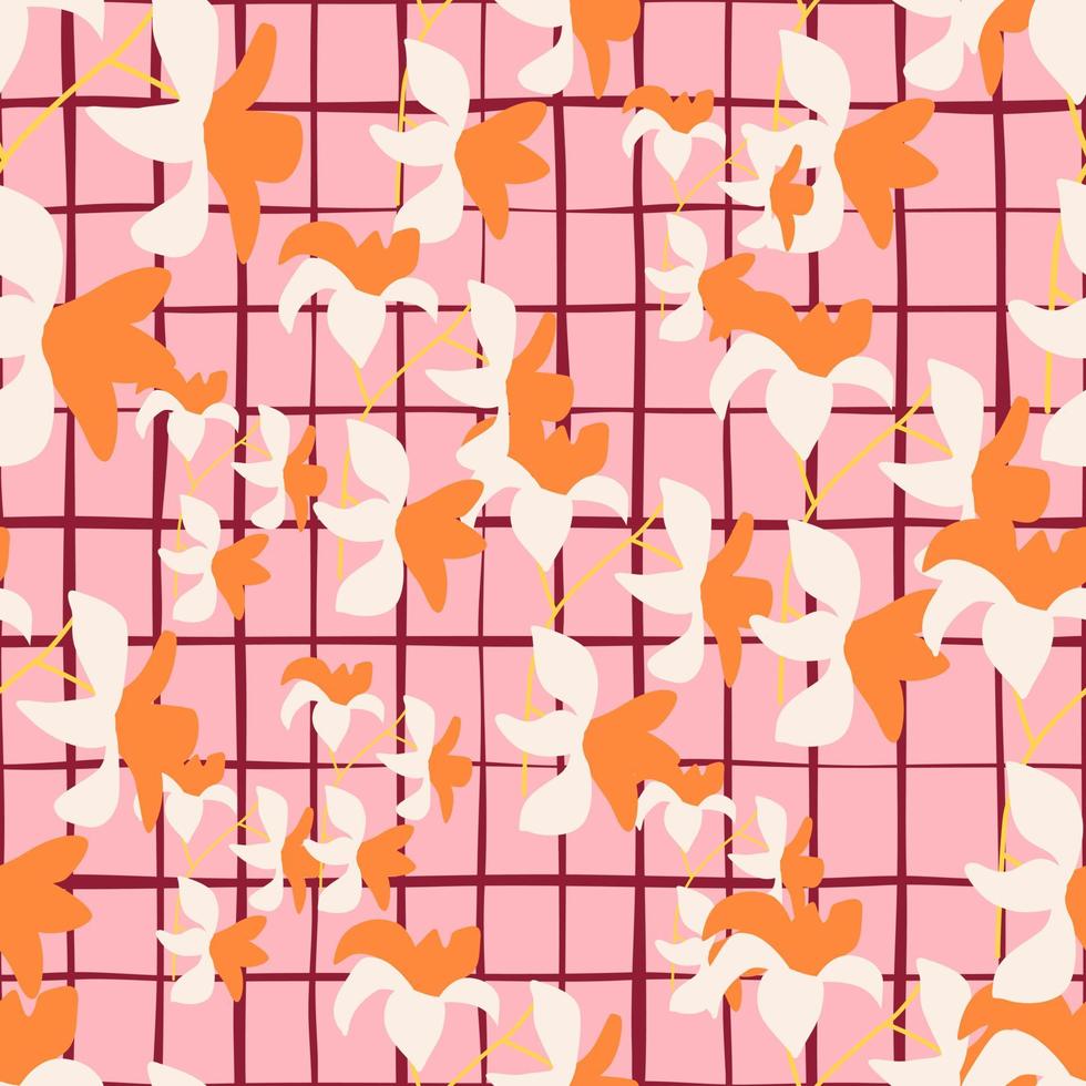 motif sans couture de silhouettes de fleurs hawaii orange vif aléatoire dans un style doodle. fond quadrillé rose. vecteur