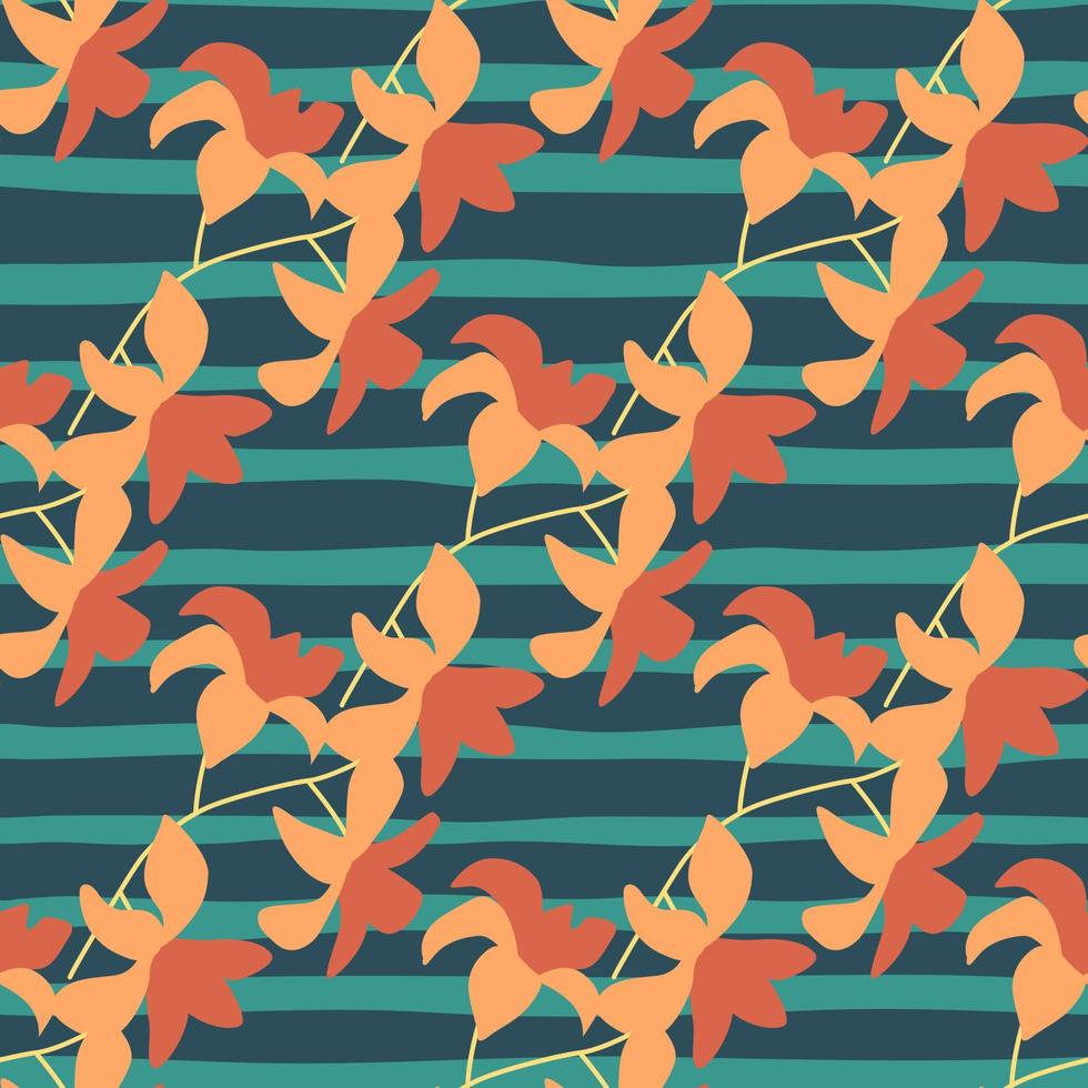 motif exotique sans couture avec impression aléatoire de fleurs doodle orange hawaii. fond rayé turquoise. vecteur