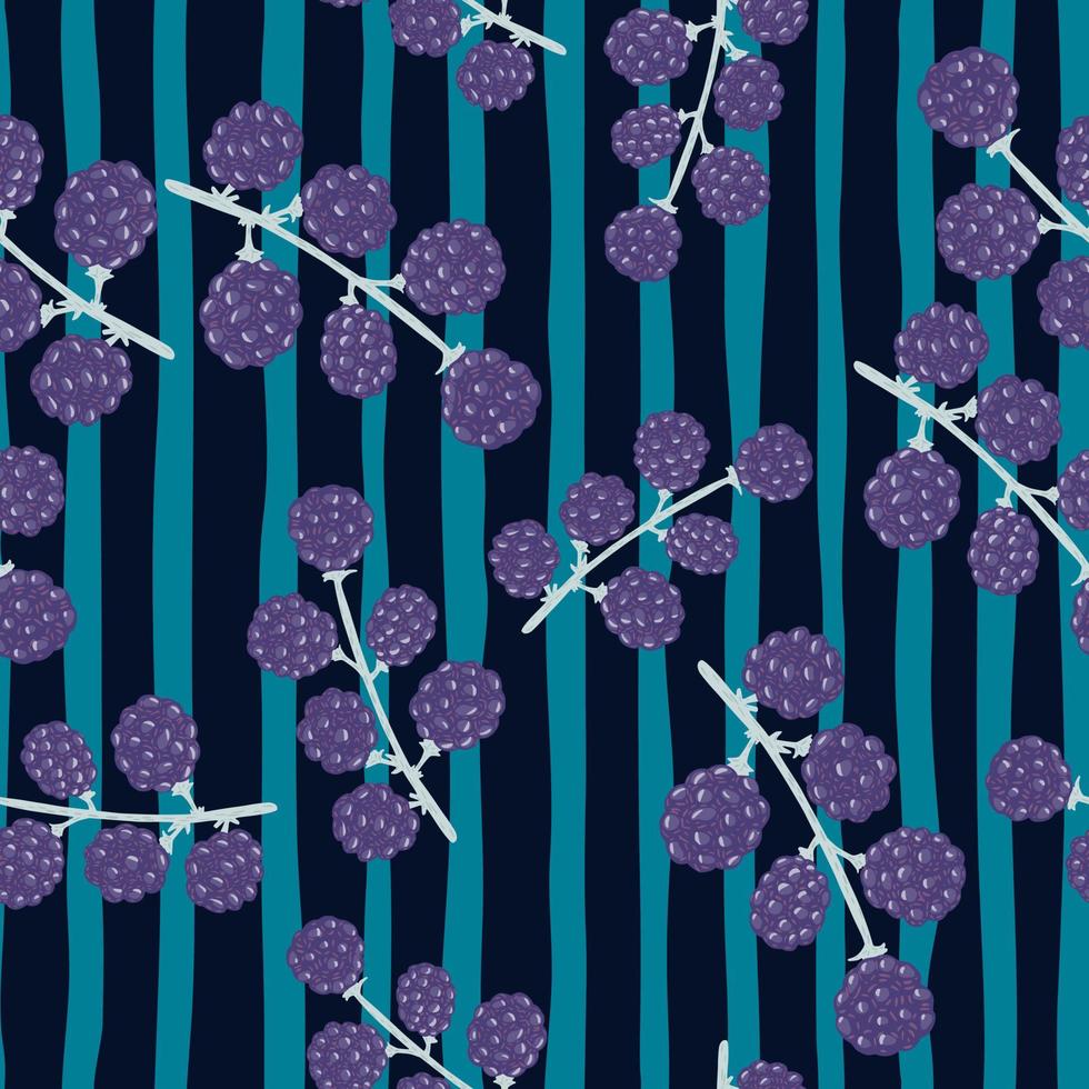 motif décoratif sans couture avec ornement de mûre aléatoire violet. fond rayé bleu. vecteur