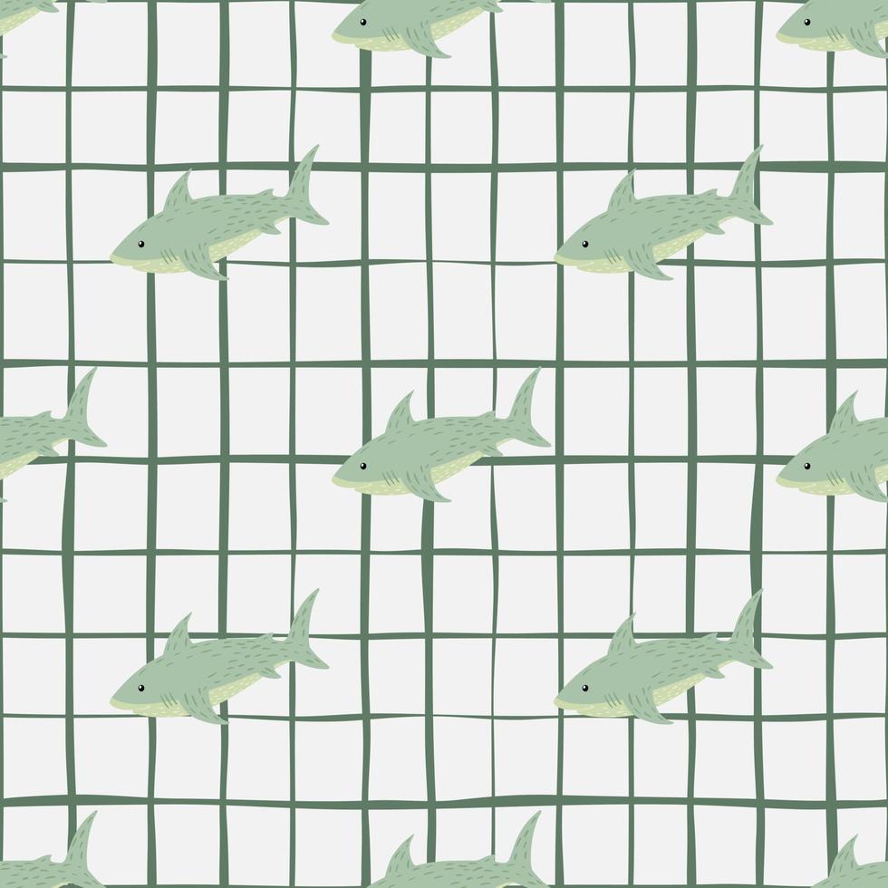 motif animal sans couture de l'eau de la faune avec des formes de requin vert. fond à carreaux blancs. vecteur