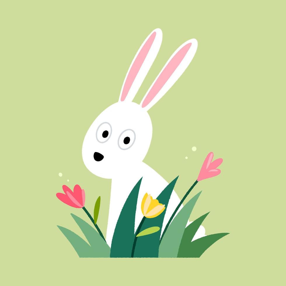 un lapin mignon avec une touffe d'herbe et de fleurs, illustration de vecteur de dessin animé.