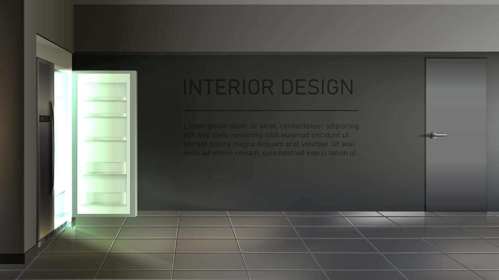Réfrigérateur vide ouvert vectoriel réaliste 3d avec étagères dans la chambre.