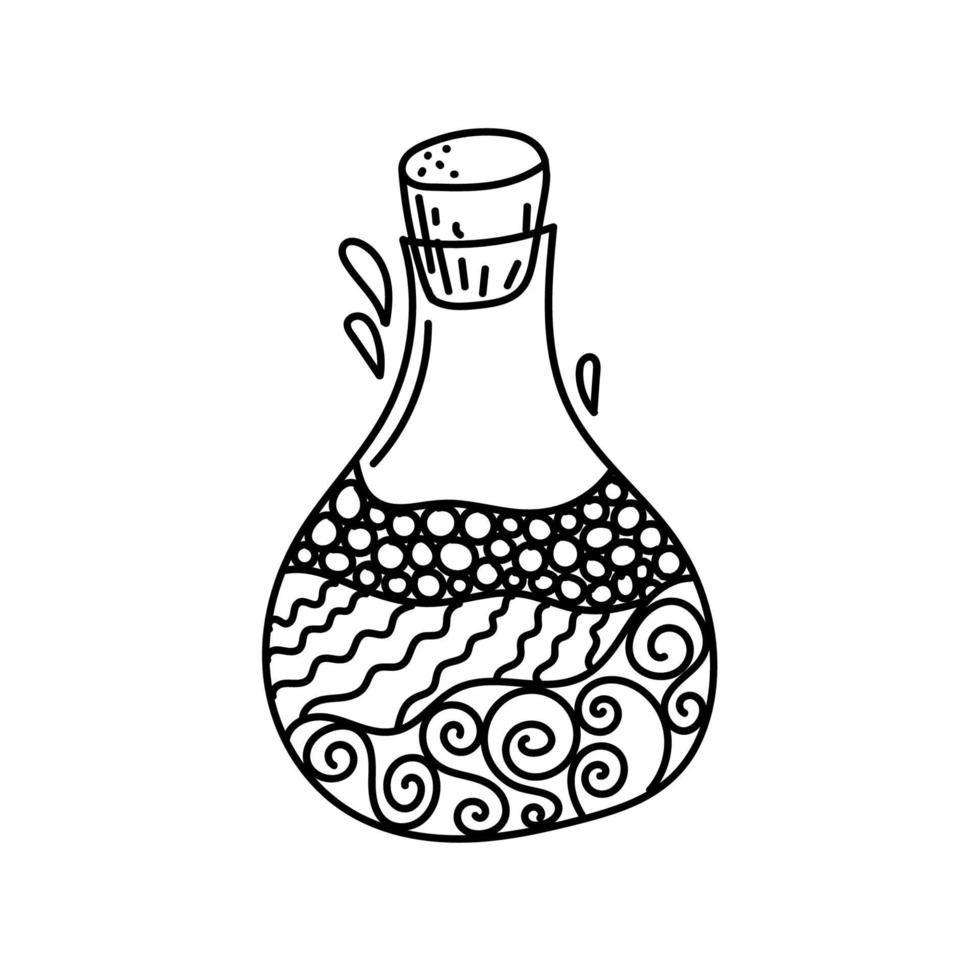 bouteille, élément de style doodle dessiné à la main. bouteille avec du sable fantaisie. motifs noirs. illustration monogame dans un style plat. vecteur