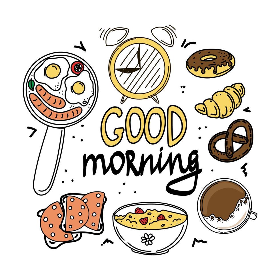 repas du matin, éléments de style doodle dessinés à la main. C'est l'heure de se lever. petit-déjeuner. Bonjour. fraises et flocons d'avoine, œufs et saucisses et café. vecteur de style doodle simple.