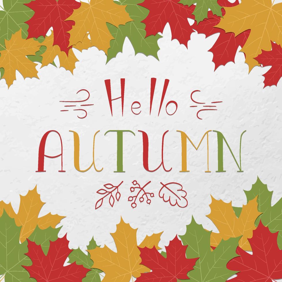 texte bonjour automne et feuilles d'érable. caractères. carte colorée. dessin à la main. illustration vectorielle vecteur