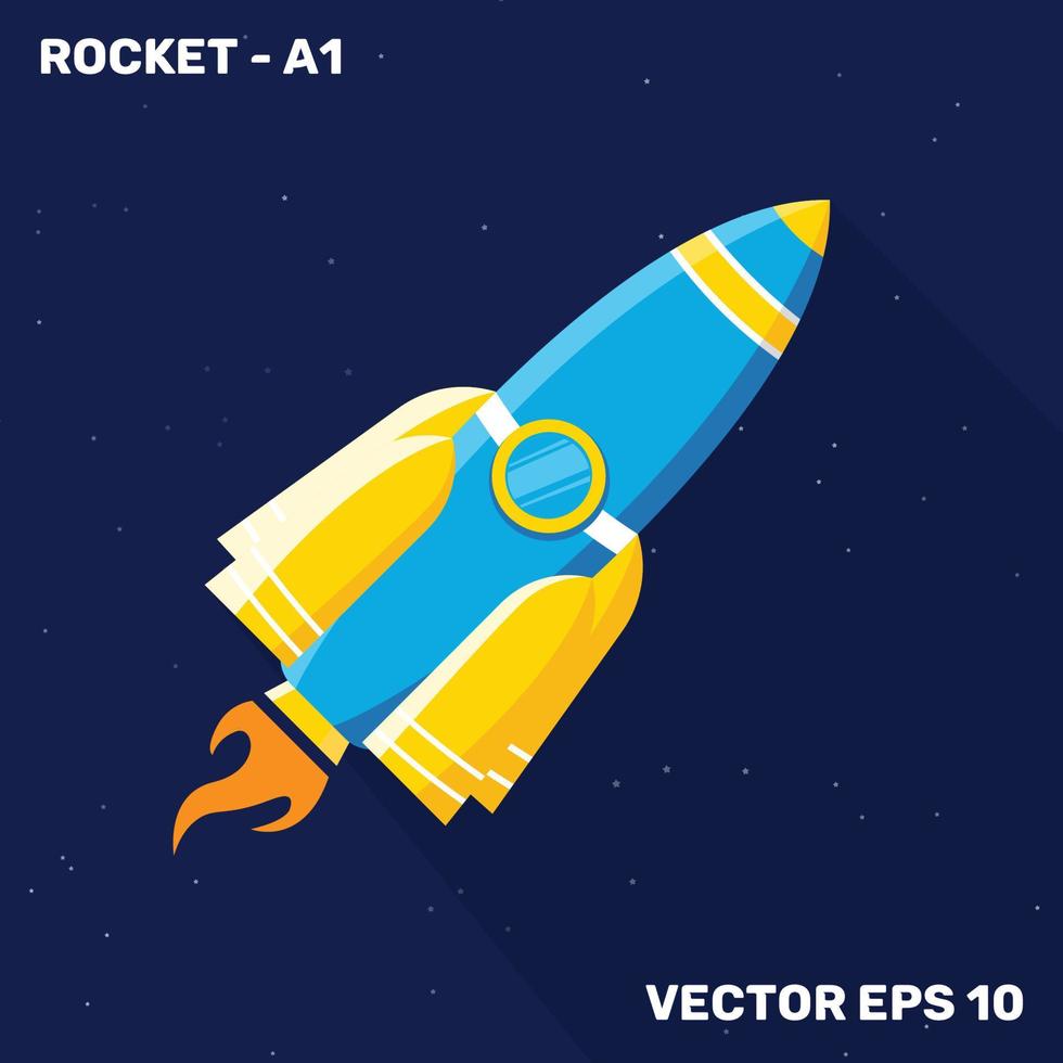 illustration de fusée, fusée à conception plate avec des couleurs bleues et jaunes de formes adaptées aux thèmes pour enfants vecteur