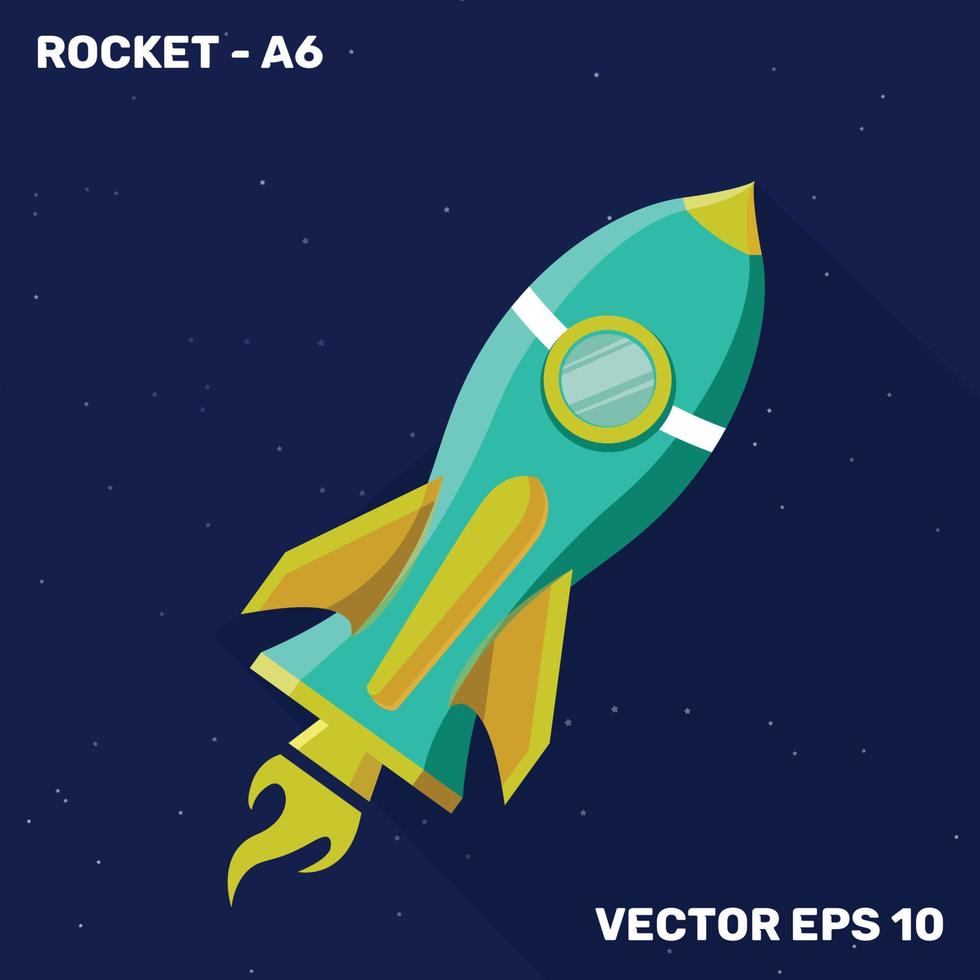 illustration de fusée, fusée à conception plate avec des couleurs cyan et jaune de formes adaptées aux thèmes pour enfants vecteur